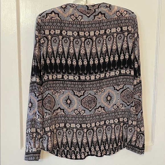 Patterned Black and muted blue Women's Silk Blouse - Picture 7 of 8